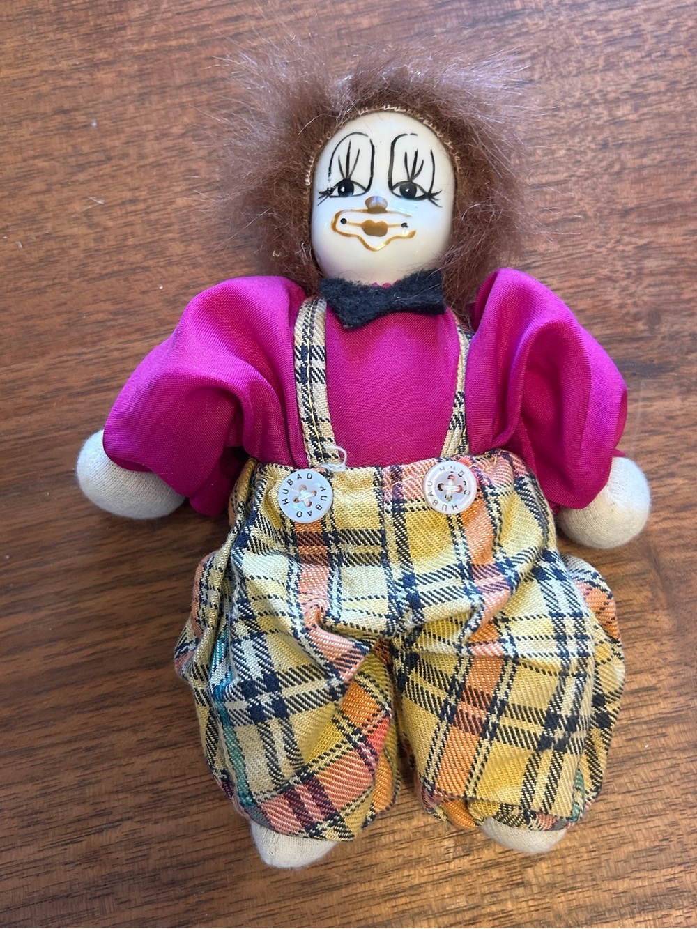 Porcelain Doll Clown in Plaid Pants & Hat, Pink Shirt Brown Hair 7.5" Weighted